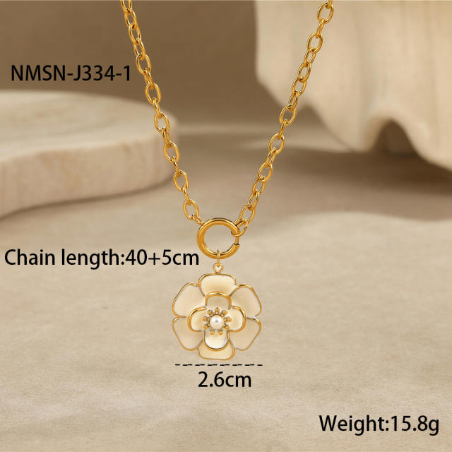 Elegant enamel Camellia Flower stainless steel Necklace earrings suit