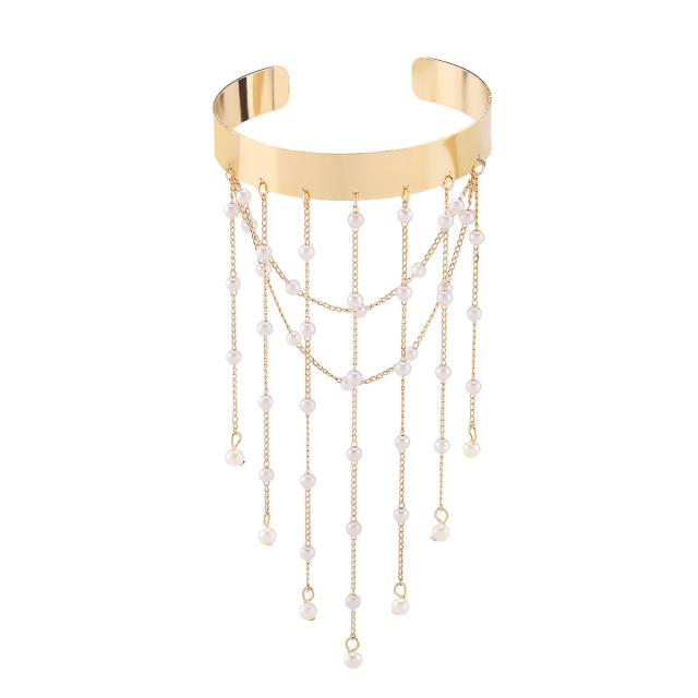 Elegant imitation pearl bead chain tassel metal arm bangle