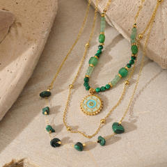 French vintage turquoise natural stone beaded necklace stainless steel pendant necklace