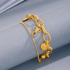 14K gold plated double layer cross heart charm stainless steel bracelet