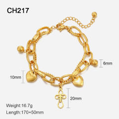 14K gold plated double layer cross heart charm stainless steel bracelet