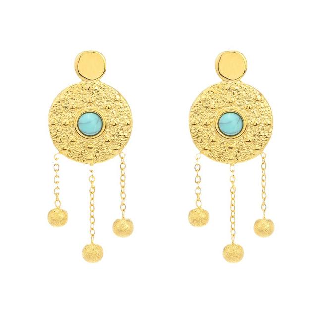 Turquoise earrings women boho round knock pattern chain tassel stainless steel earrings