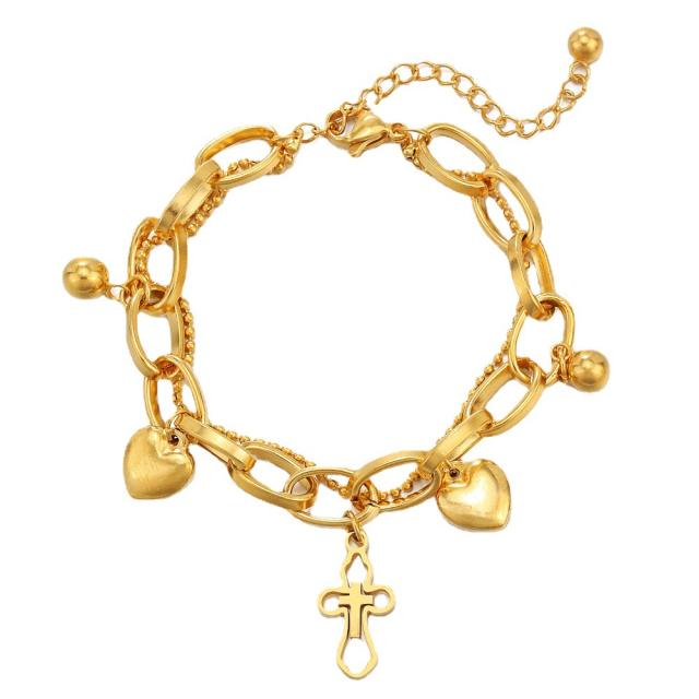 14K gold plated double layer cross heart charm stainless steel bracelet