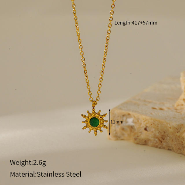 French retro turquoise emerald pendant stainless steel necklace