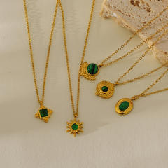 French retro turquoise emerald pendant stainless steel necklace