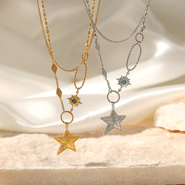 14K gold double-layer five-pointed star pendant stainless steel necklace