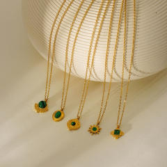 French retro turquoise emerald pendant stainless steel necklace