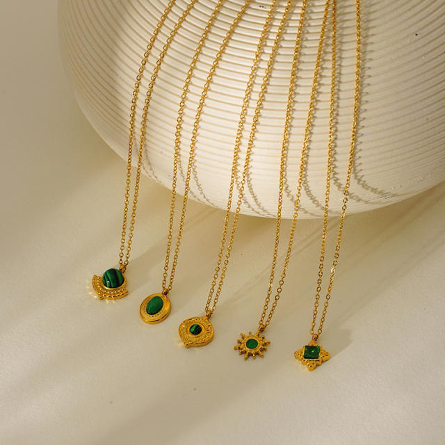 French retro turquoise emerald pendant stainless steel necklace