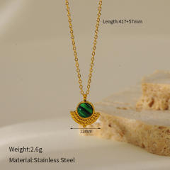 French retro turquoise emerald pendant stainless steel necklace