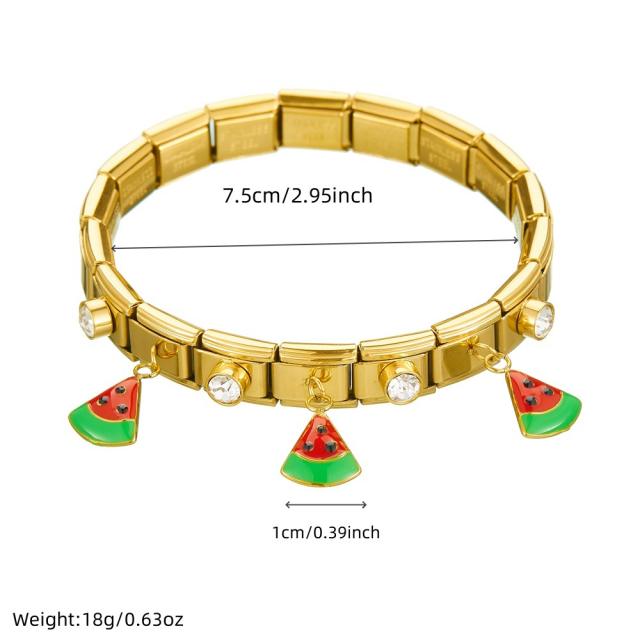 Summer Fruit Series enamel Diamond Watermelon charm stainless steel bangle bracelet