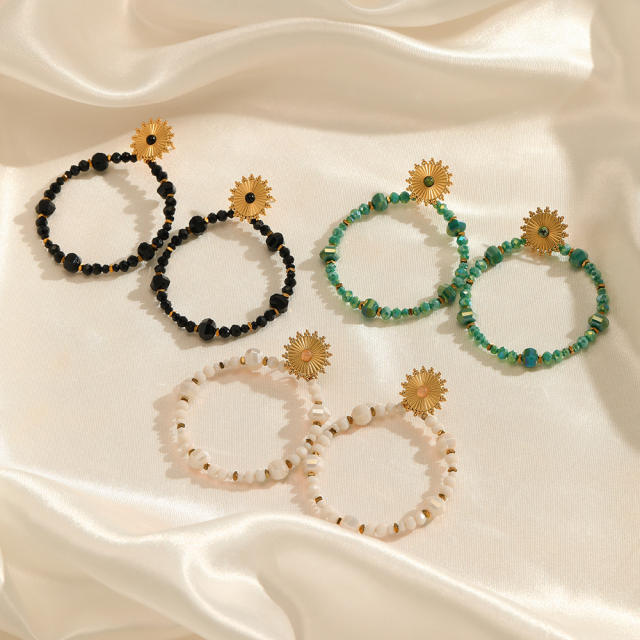 Handmade crystal bead circle stainless steel earrings Bohemian National earrings for women