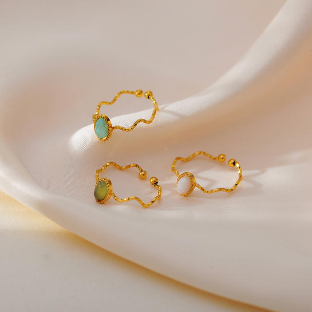 Simple oval shape natural stone wave design stainless steel rings