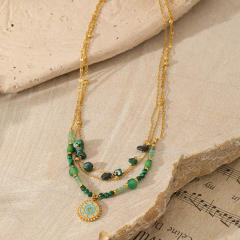 French vintage turquoise natural stone beaded necklace stainless steel pendant necklace
