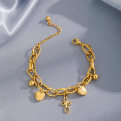 14K gold plated double layer cross heart charm stainless steel bracelet