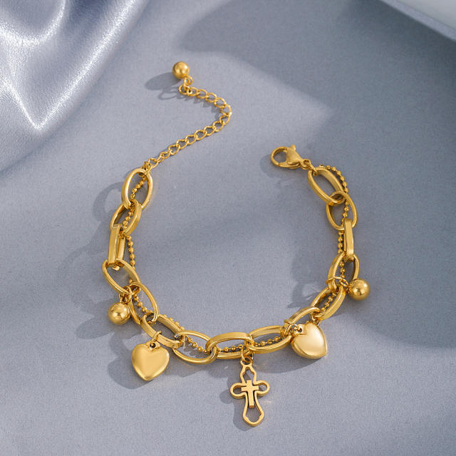 14K gold plated double layer cross heart charm stainless steel bracelet