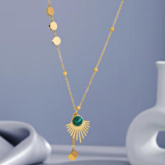 Malachite Inlaid Fan pendant stainless steel Necklace