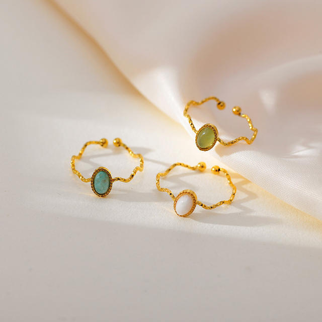 Simple oval shape natural stone wave design stainless steel rings