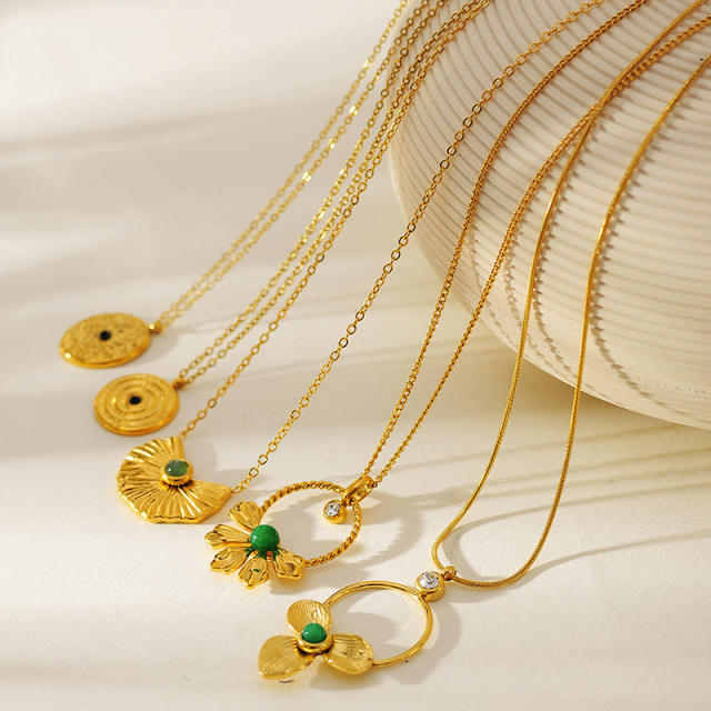 Clover Flower Natural Stone Zircon Pendant stainless steel Necklace