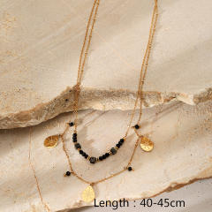 Double Layer Obsidian Natural Stone Water Drop Pendant stainless steel Necklace