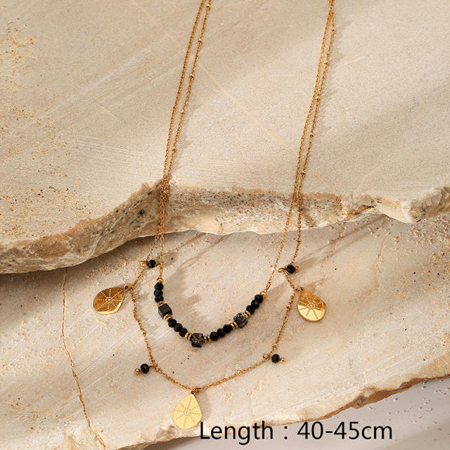 Double Layer Obsidian Natural Stone Water Drop Pendant stainless steel Necklace