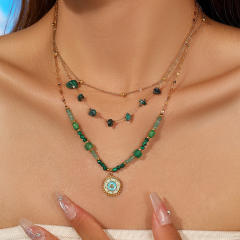 French vintage turquoise natural stone beaded necklace stainless steel pendant necklace