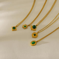 French retro turquoise emerald pendant stainless steel necklace