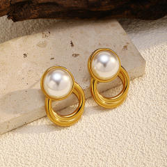 Elegant pearl inlaid geometric circle stainless steel earrings