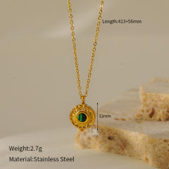 French retro turquoise emerald pendant stainless steel necklace