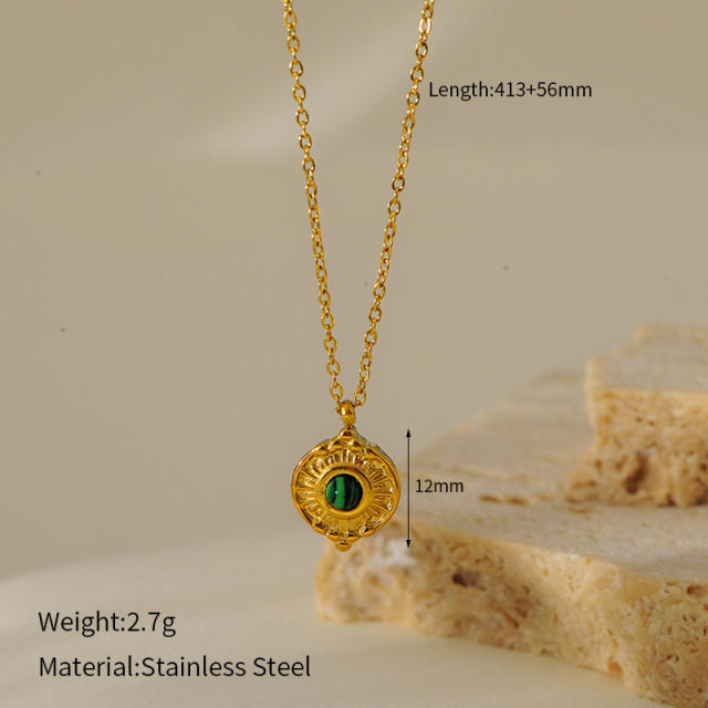 French retro turquoise emerald pendant stainless steel necklace