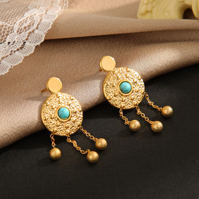 Turquoise earrings women boho round knock pattern chain tassel stainless steel earrings