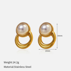 Elegant pearl inlaid geometric circle stainless steel earrings