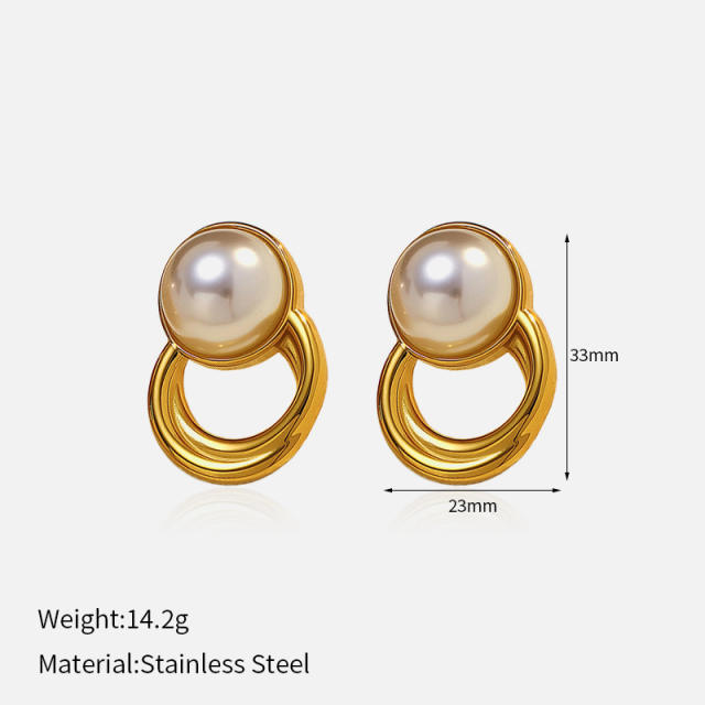 Elegant pearl inlaid geometric circle stainless steel earrings