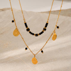 Double Layer Obsidian Natural Stone Water Drop Pendant stainless steel Necklace