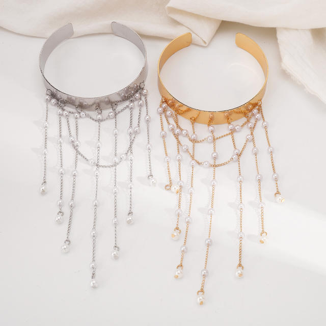 Elegant imitation pearl bead chain tassel metal arm bangle