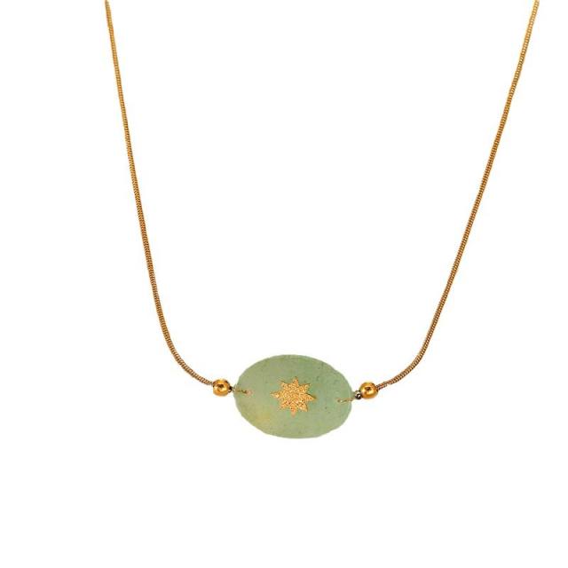 Natural Stone Triangle Embellished Eye Pendant green beaded Necklace