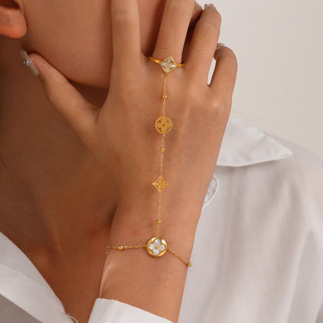 White shell mother shell inlaid clover stainless steel ring bracelet for women