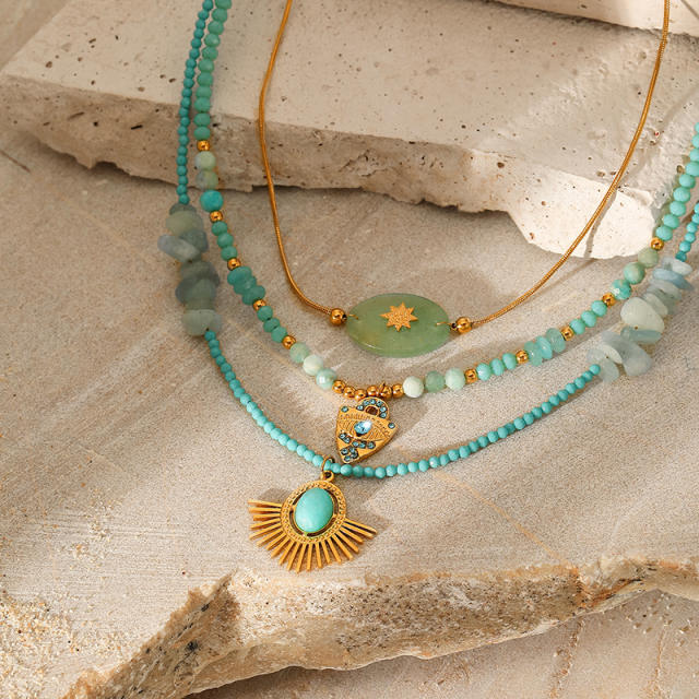 Natural Stone Triangle Embellished Eye Pendant green beaded Necklace