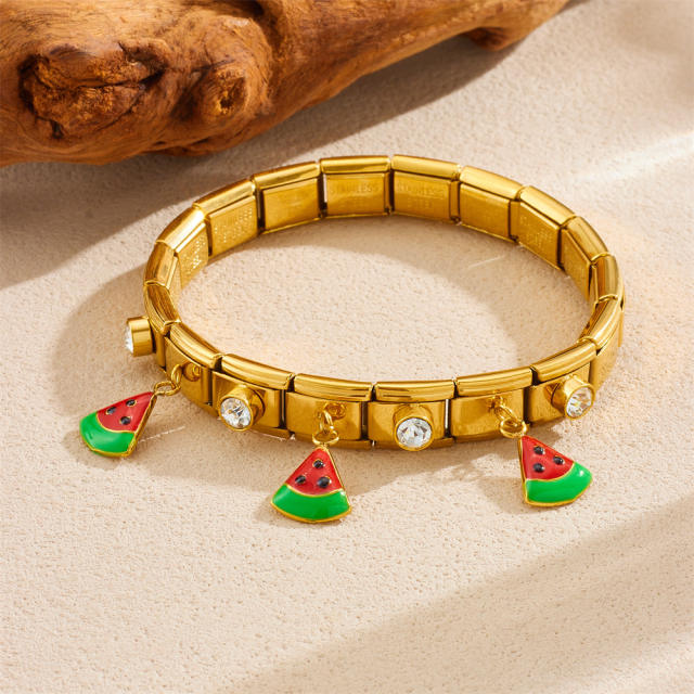 Summer Fruit Series enamel Diamond Watermelon charm stainless steel bangle bracelet