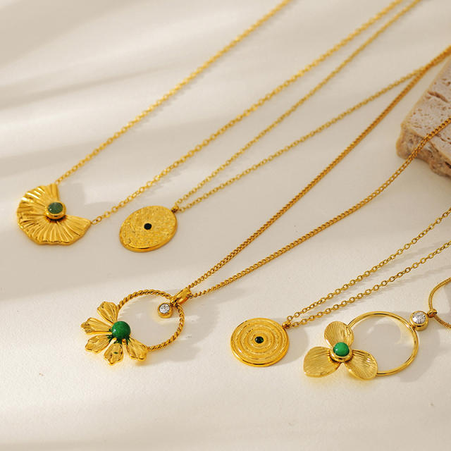 Clover Flower Natural Stone Zircon Pendant stainless steel Necklace