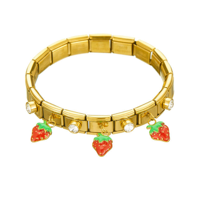 Three-Dimensional Strawberry enamel charm stainless steel bracelet bangle