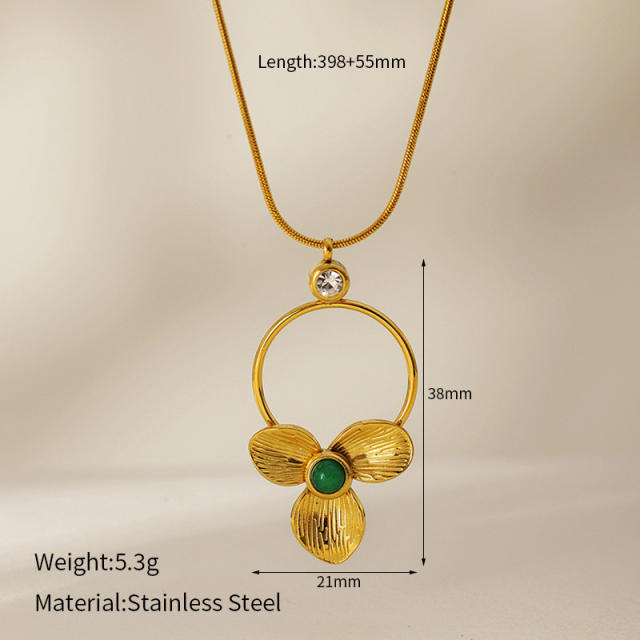 Clover Flower Natural Stone Zircon Pendant stainless steel Necklace