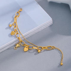 14K gold plated double layer cross heart charm stainless steel bracelet