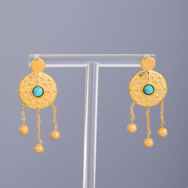 Turquoise earrings women boho round knock pattern chain tassel stainless steel earrings