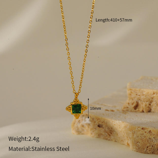 French retro turquoise emerald pendant stainless steel necklace