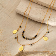 Double Layer Obsidian Natural Stone Water Drop Pendant stainless steel Necklace