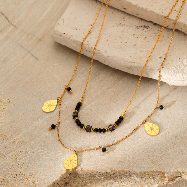Double Layer Obsidian Natural Stone Water Drop Pendant stainless steel Necklace
