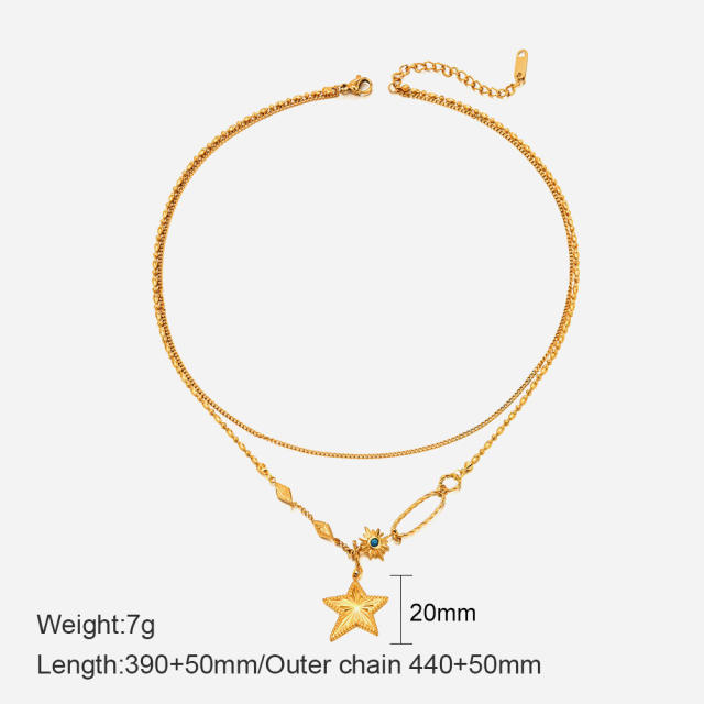 14K gold double-layer five-pointed star pendant stainless steel necklace