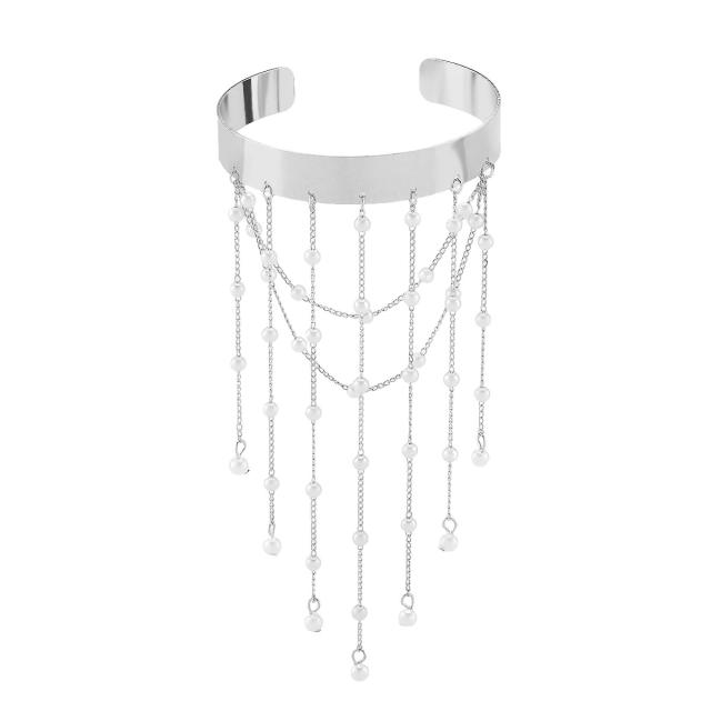 Elegant imitation pearl bead chain tassel metal arm bangle