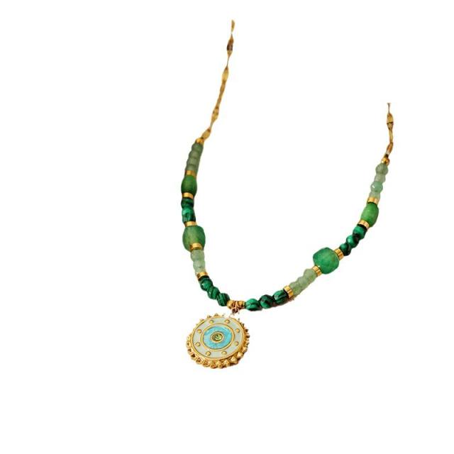 French vintage turquoise natural stone beaded necklace stainless steel pendant necklace