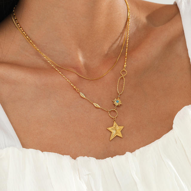 14K gold double-layer five-pointed star pendant stainless steel necklace